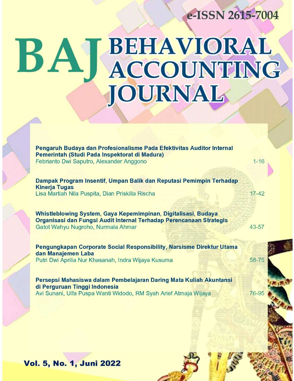 					View Vol. 5 No. 1 (2022): Behavioral Accounting Journal
				