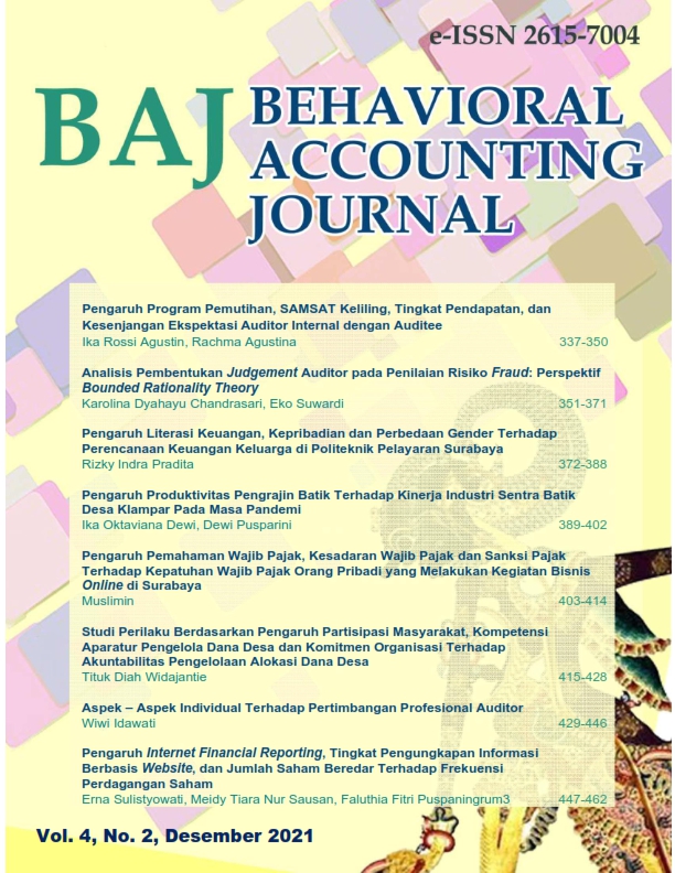 					View Vol. 4 No. 2 (2021): Behavioral Accounting Journal
				