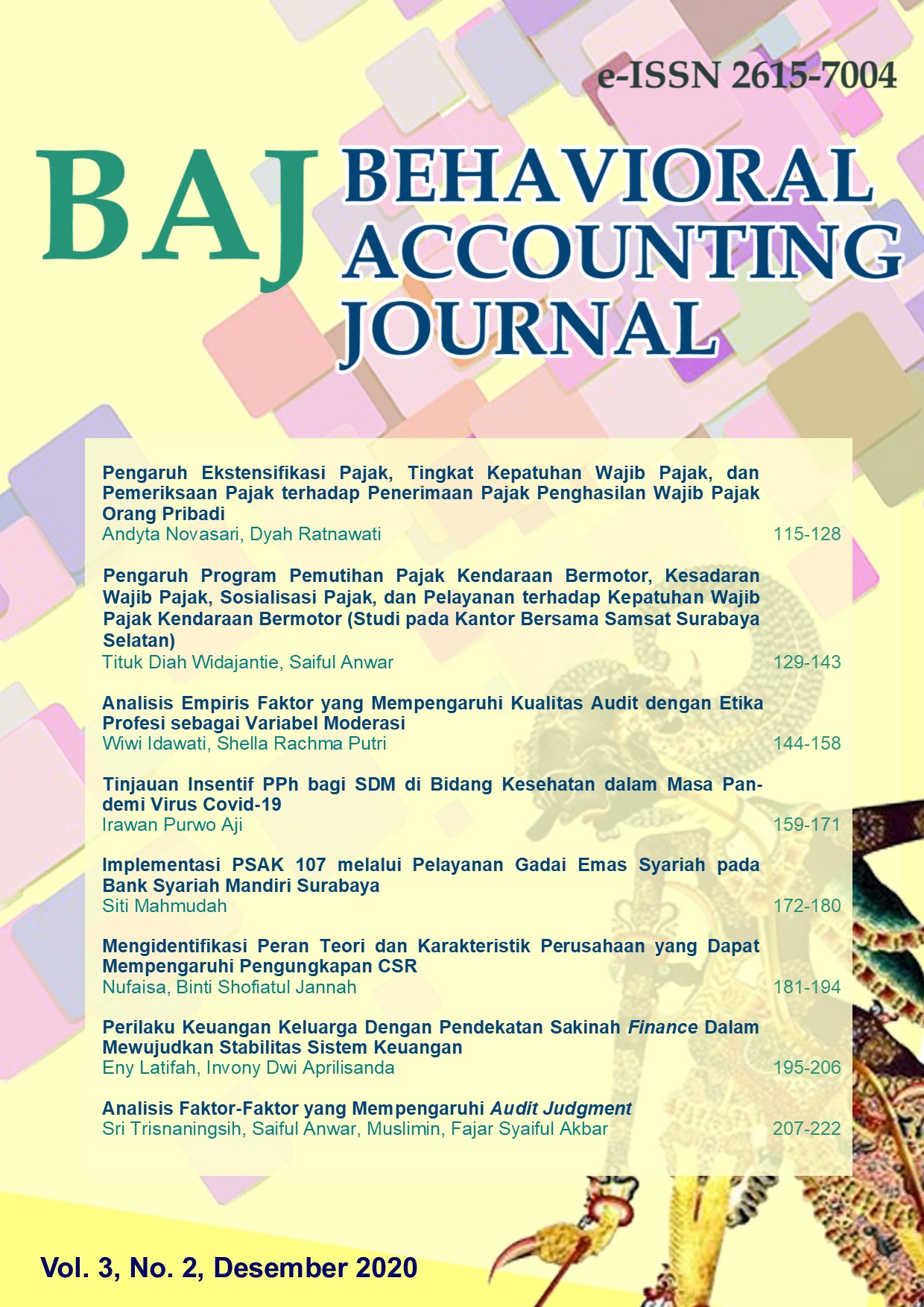 					View Vol. 3 No. 2 (2020): Behavioral Accounting Journal
				