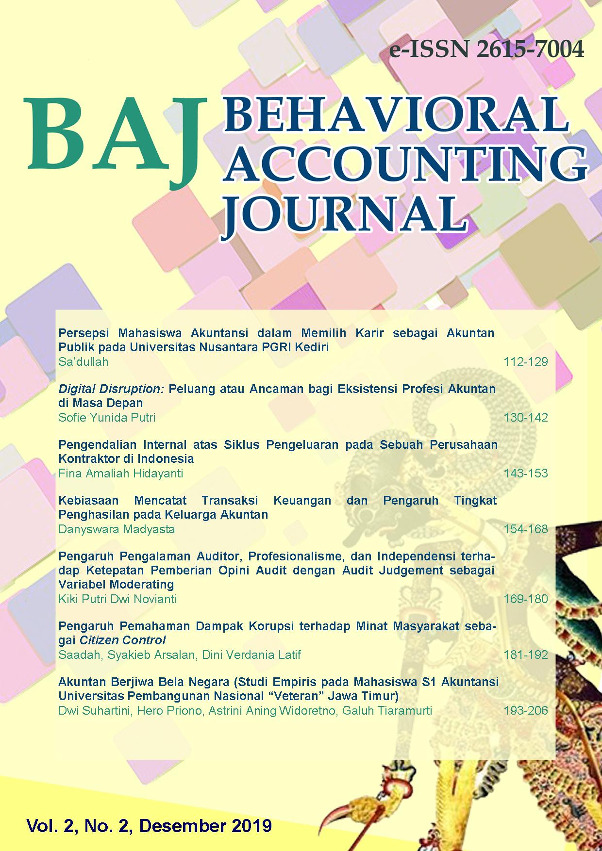 					View Vol. 2 No. 2 (2019): Behavioral Accounting Journal
				