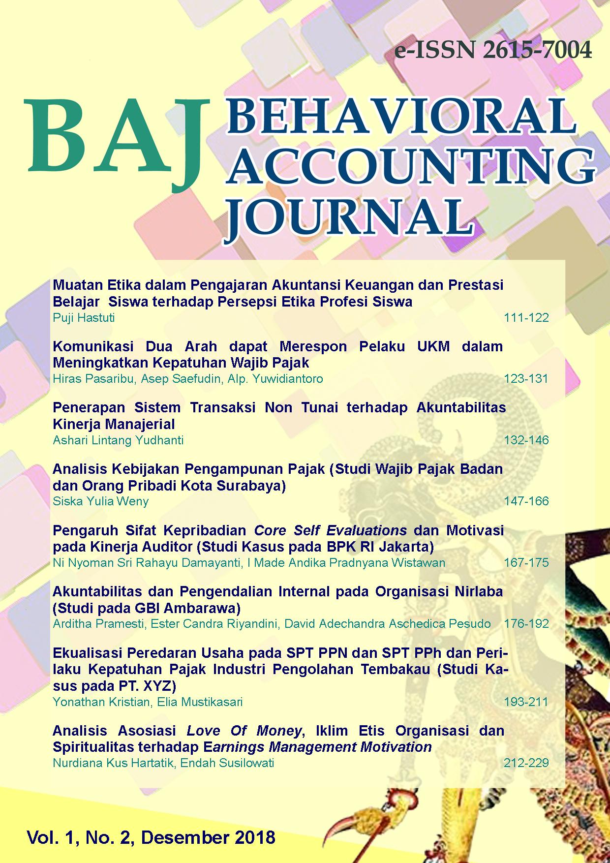 					View Vol. 1 No. 2 (2018): Behavioral Accounting Journal
				